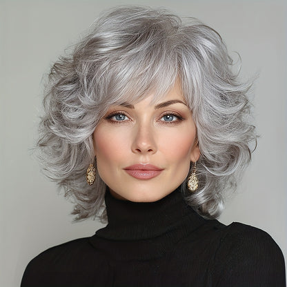 Gray Curly Wig with Bangs for Women — 12 Inch Short Synthetic Silver Grey Hair, Rose Net Cap, Heat Resistant Fiber, Cosplay Halloween Party & Daily Wear, All Occasions