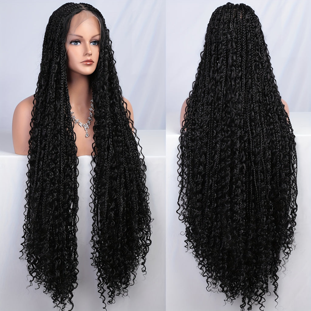 Bohemian Woven Wig Bohemian Style Square Braided Wig Knotless Goddess Braided Wig with Double Full Lace Square Artificial Woven Wig with Suitable for Women Natural Black 36 Inches