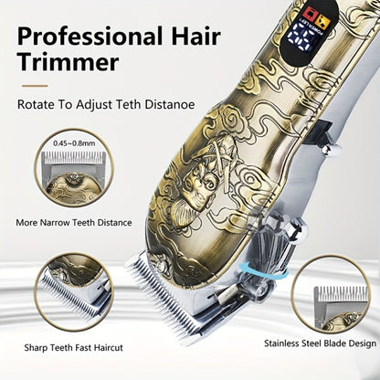 Professional Hair Clippers & Trimmer Set for Men — T-Blade Trimmer, Nose Hair Trimmer, Electric Razor, LCD Display, USB Rechargeable, Zinc Alloy Body, Ergonomic Grooming Kit