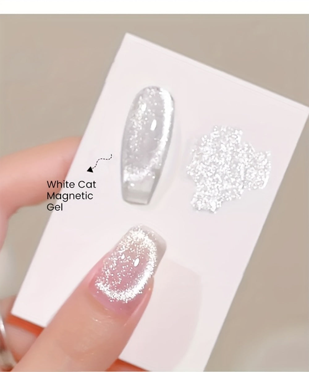 UR SUGAR 2pcs/Set 0.51oz Shine White Cat Magnetic Gel Nail Polish on Any Color Gel Sparkling Glitter Semi Permanent Soak Off Gel with Magnetic Stick