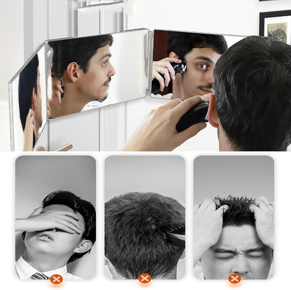 Three-Way Mirror for Haircutting 360° View, Folding Three-Sided Mirror with Height-Adjustable Telescopic Hook, Anti-Fog HD Glass, for Self Hair Cutting Shaving Makeup Hairstyling at Home