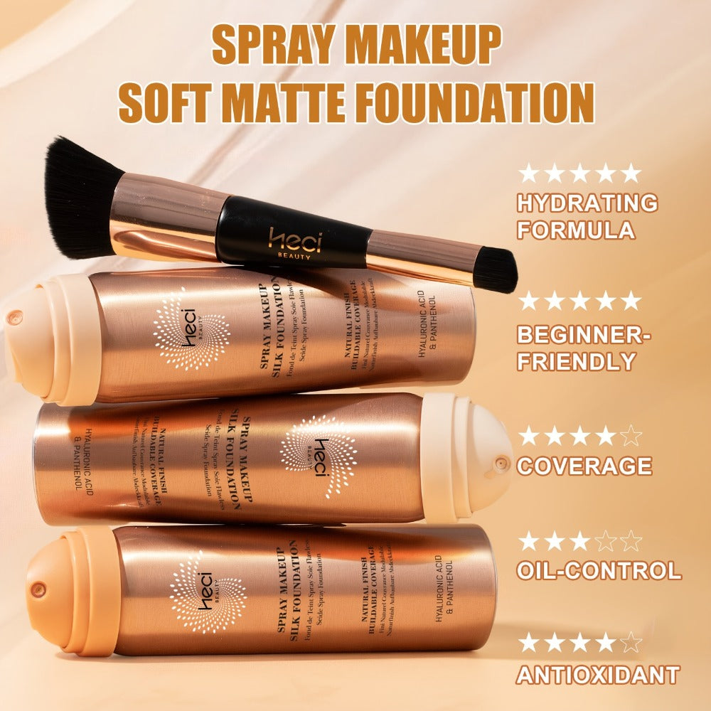 Liquid Foundation Spray with Brush 2PCS Matte Finish Panthenol & Hyaluronic Acid for Sensitive Dry Mature Skin Non-Sticky Natural Flawless Coverage Women