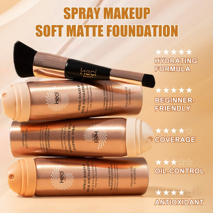 Liquid Foundation Spray with Brush 2PCS Matte Finish Panthenol & Hyaluronic Acid for Sensitive Dry Mature Skin Non-Sticky Natural Flawless Coverage Women