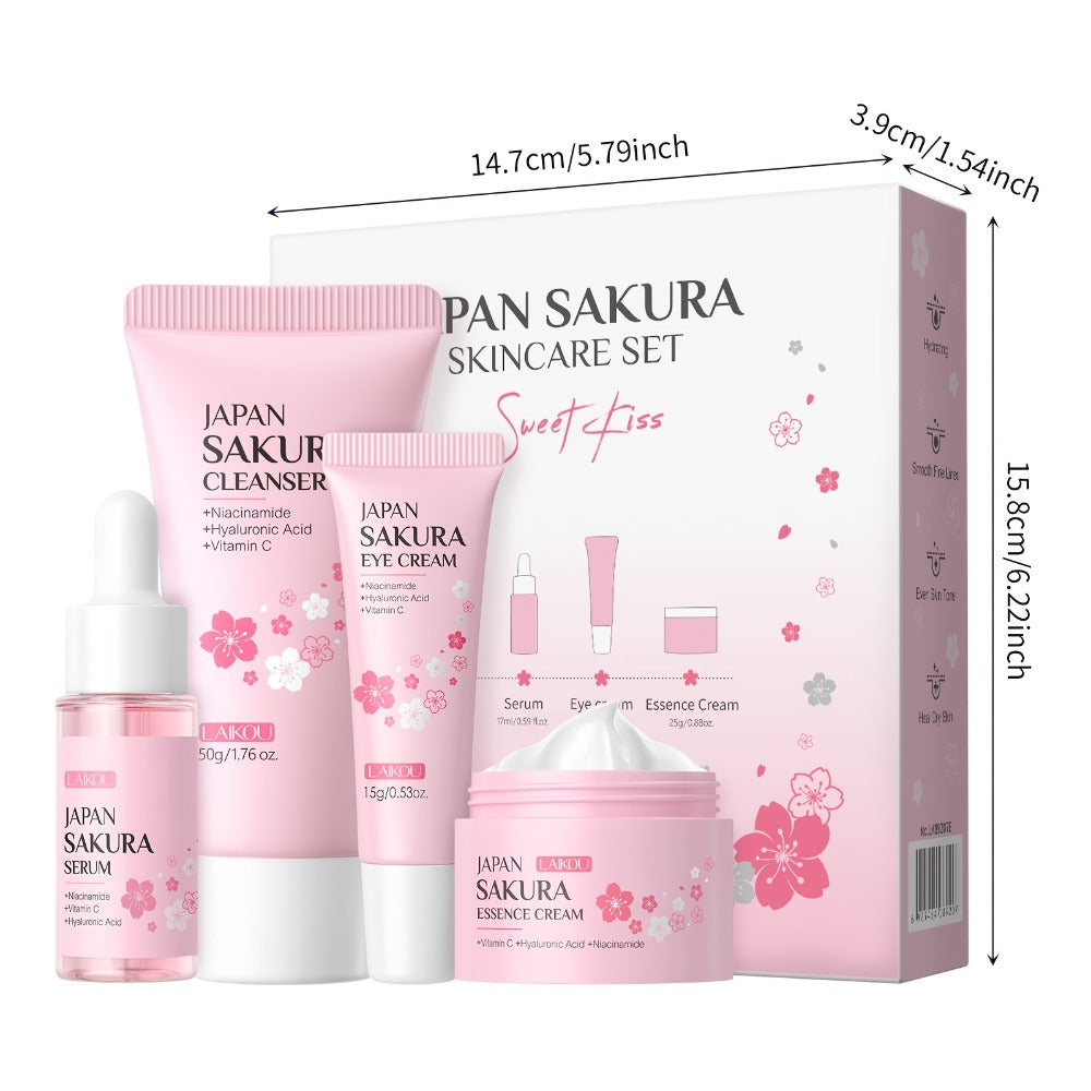 LAIKOU Sakura Gift Box 4pcs Skincare Set, Serum 0.59Fl.Oz, Skin Moisturizer 0.88Oz, Eye Cream 0.53Oz, Soft Foam Facial Wash 1.76Oz, Mother'S Day Gift Set, for Uneven Complexion