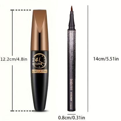 Mascara 8D Fiber Volume & Lengthening Smudge-Proof Waterproof Lash Enhancer, Long-Lasting Black Mascara Set with Eyeliner Pencil, Luxury Beauty Gift for Her