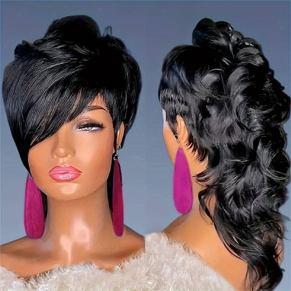 Pixie Cut Mullet Wig with Bangs for Women Curly Wave Synthetic Short Hair Wig 150% Density Rose Net Cap Heat Resistant Fiber Natural Realistic Look Low Maintenance