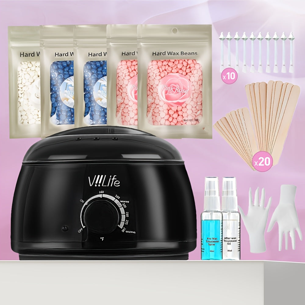 Waxing Kit Hair Removal Women Men Wax Warmer Hair Removal At Home with 5 Bags Wax Beans Body Waxing for Eyebrows Nose Cheeks Arms Bikinis (Family Kit)