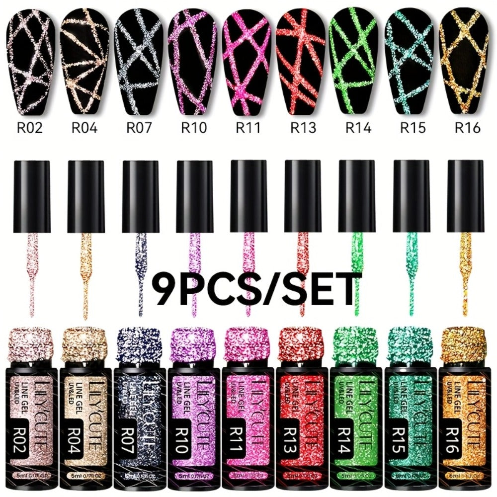 LILYCUTE 9pcs/Set Reflective Glitter Line Gel Nail Polish - Summer Bright Sparkling Gorgeous Color for Manicure, Pull Line Graffiti Painting Stripe Gel Nail Art LED Gel Varnish, Gel Nail Polis, Diy Manicure, Beauty Lovers, Salon Professionals