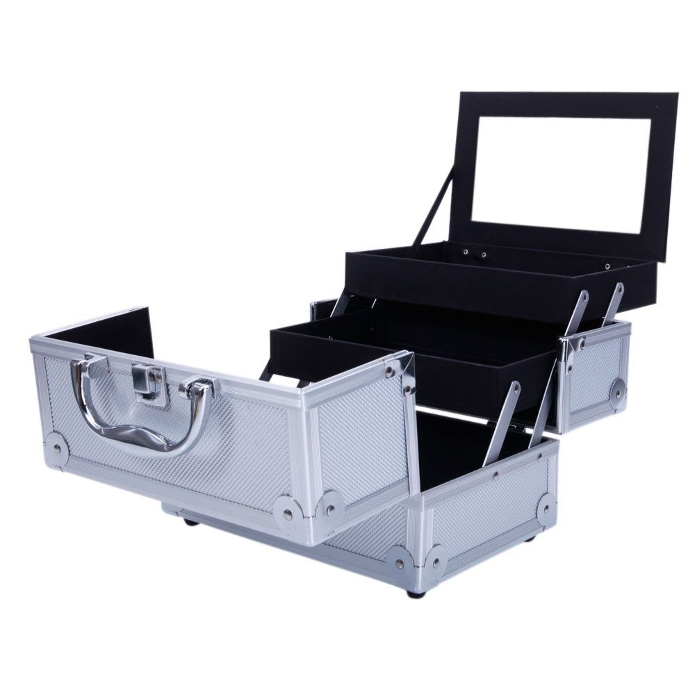 Professional Makeup Train Case, Large Capacity Aluminum Cosmetic Trolley Organizer, Portable Jewelry Storage Box with Adjustable Dividers & Lockable Keys, Travel Makeup Artist Tool Box