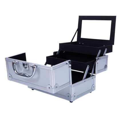 Makeup Train Case with Wheels - Large Aluminum Cosmetic Trolley Organizer, Lockable Travel Makeup Artist Box with Adjustable Dividers, Black Silver Pink