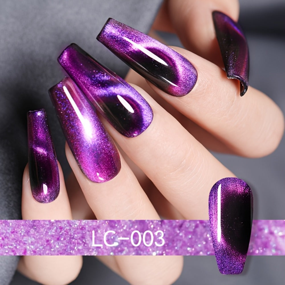LILYCUTE 0.24oz 8pcs of Black Crystal Cat Magnetic Gel Nail Polish with Aurora Glitter, Semi-Permanent Gel for Nail Art, No Base Color Required