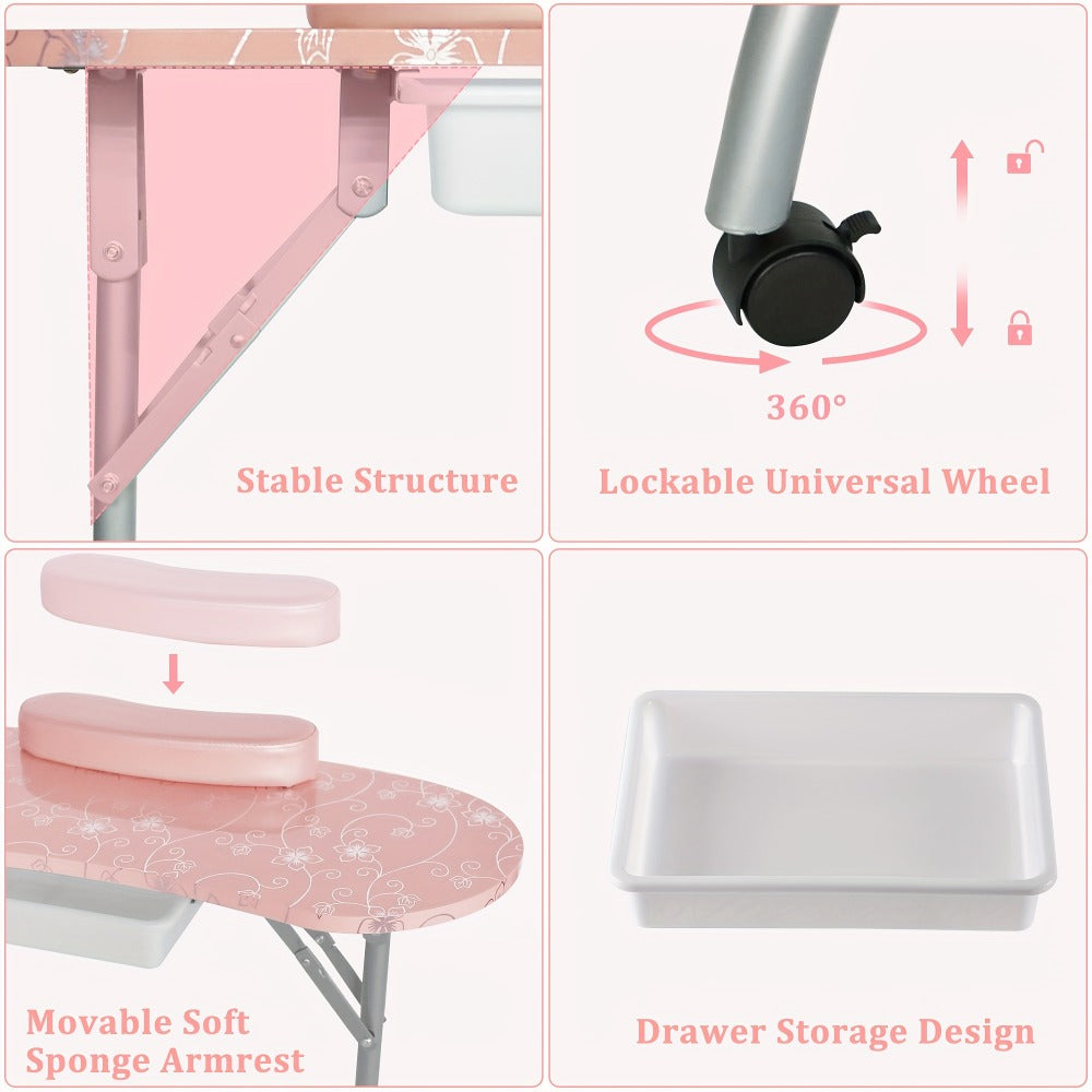 Foldable Nail Table for Manicures, Featuring a Drawer, LED Lamp, Four Lockable Wheels, And a Carrying Bag, Designed for with a Wrist Cushion
