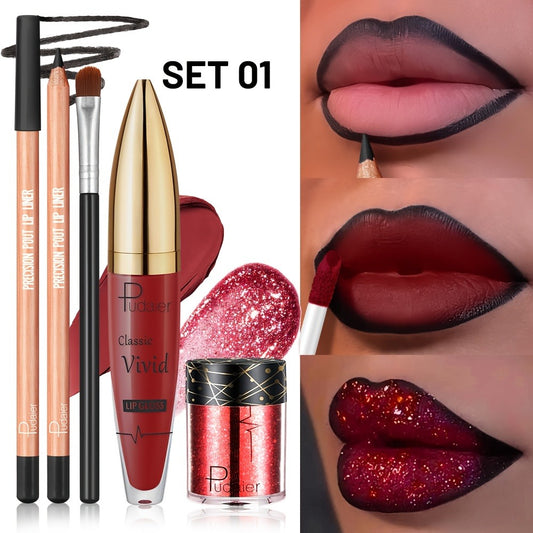 Pudaier lip combo set Sparkling Lip Glitter Kit, Includes Lip Liner, Lip Gloss, Chunky Glitter & Lip Brush, Metallic Glitter Lip Makeup Set, Party Festival Rave Makeup, Gift for Women, makeup for women lipstick