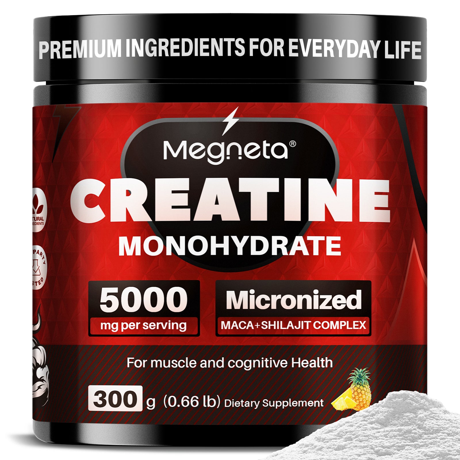 Delicious Creatine Monohydrate Powder (5000 Mg Per Serving) | Strength And Power, Recharge And Focus | No Artificial Sweeteners And Flavors, Pineapple Flavor, 300 G, 60 Servings
