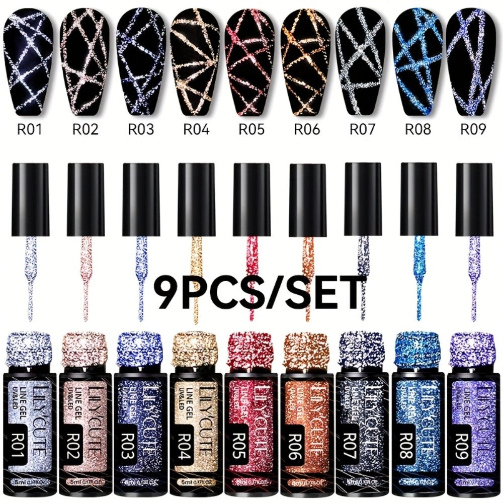 LILYCUTE 9pcs/Set Reflective Glitter Line Gel Nail Polish - Summer Bright Sparkling Gorgeous Color for Manicure, Pull Line Graffiti Painting Stripe Gel Nail Art LED Gel Varnish, Gel Nail Polis, Diy Manicure, Beauty Lovers, Salon Professionals