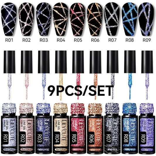 LILYCUTE 9pcs/Set Reflective Glitter Line Gel Nail Polish - Summer Bright Sparkling Gorgeous Color for Manicure, Pull Line Graffiti Painting Stripe Gel Nail Art LED Gel Varnish, Gel Nail Polis, Diy Manicure, Beauty Lovers, Salon Professionals
