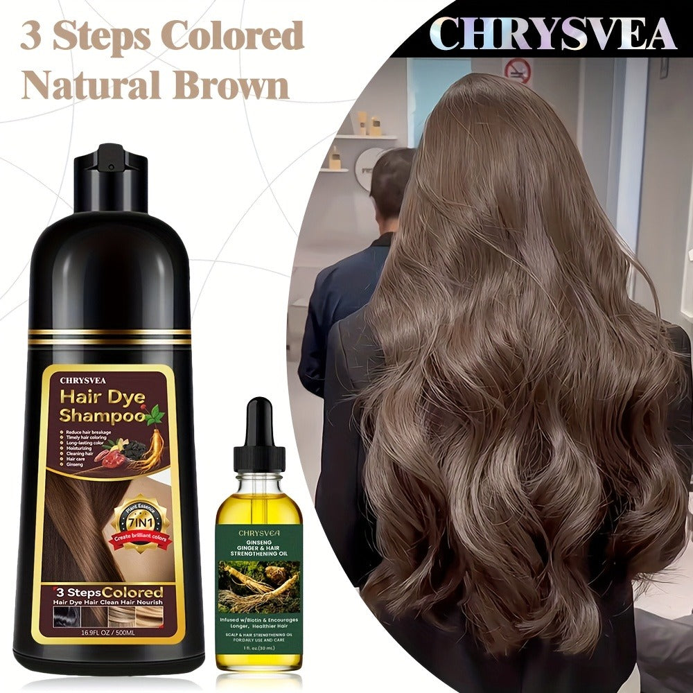 Hair Dye Shampoo & Rosemary Essential Oil Set 7-in-1 — 100% White Hair Coverage, Herbal Formula, Long-Lasting Color, 9 Shades, Unisex, 16.91 oz