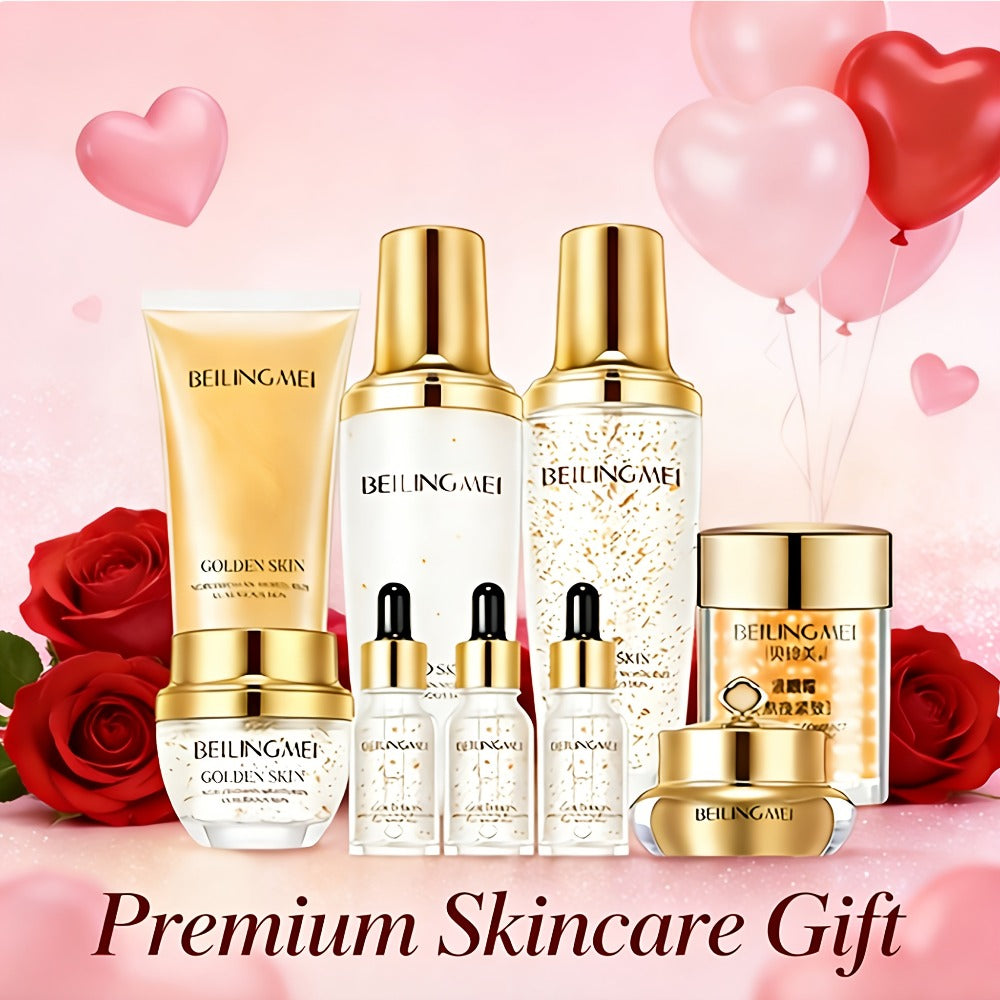 9pcs Golden Luxury Skincare Set, Contains Niacinamide & Collagen for Moisturizing & Firming Face, Choice for Women's Daily Facial Care Premium Gift Kit, Birthday, Holiday Gifts