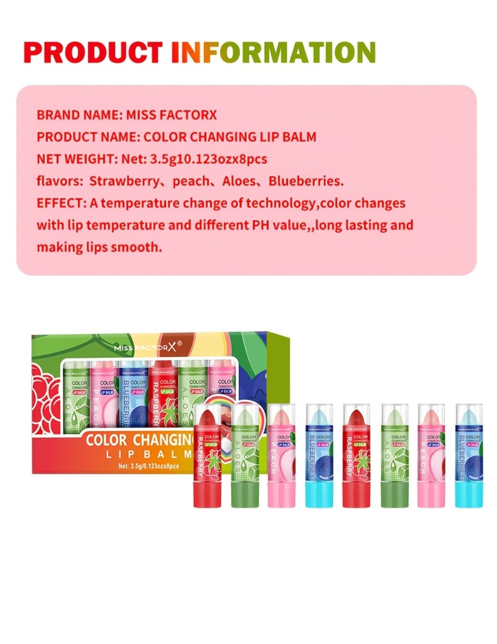 Color Changing Lipstick Set 8 Pcs by Miss Factorx – 12-Hour Long-Lasting, Moisturizing & Anti-Transfer Formula, Charming Mood-Reactive Shades, Perfect Holiday & Birthday Gift