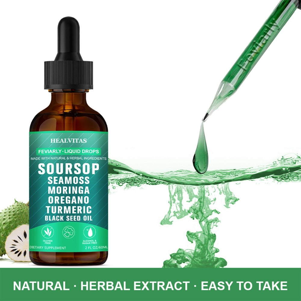 Natural Soursop Bitters Liquid 10-In-1, Highly Absorbable with Natural Soursop Seaweed Moringa Turmeric Black Seed Oil Oregano South African Drunken Tomato, Herbal Extracts Supports Digestion & Intestinal Health, Easy to Take Liquid Supplement, 2 oz