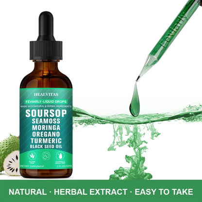 Soursop Bitters Liquid Supplement 10-in-1 2oz | Seaweed Moringa Turmeric Black Seed Oil Oregano Herbal Extracts | Highly Absorbable Digestive & Intestinal Health Support for Men & Women