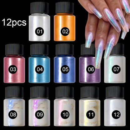 Aurora Nail Powder 12 Colors Chrome - Pearl Glitter Neon Dust for Chrome Nail Art Dipping Powder Decoration & Nail Charms - Holographic Iridescent Nail Pigment Set