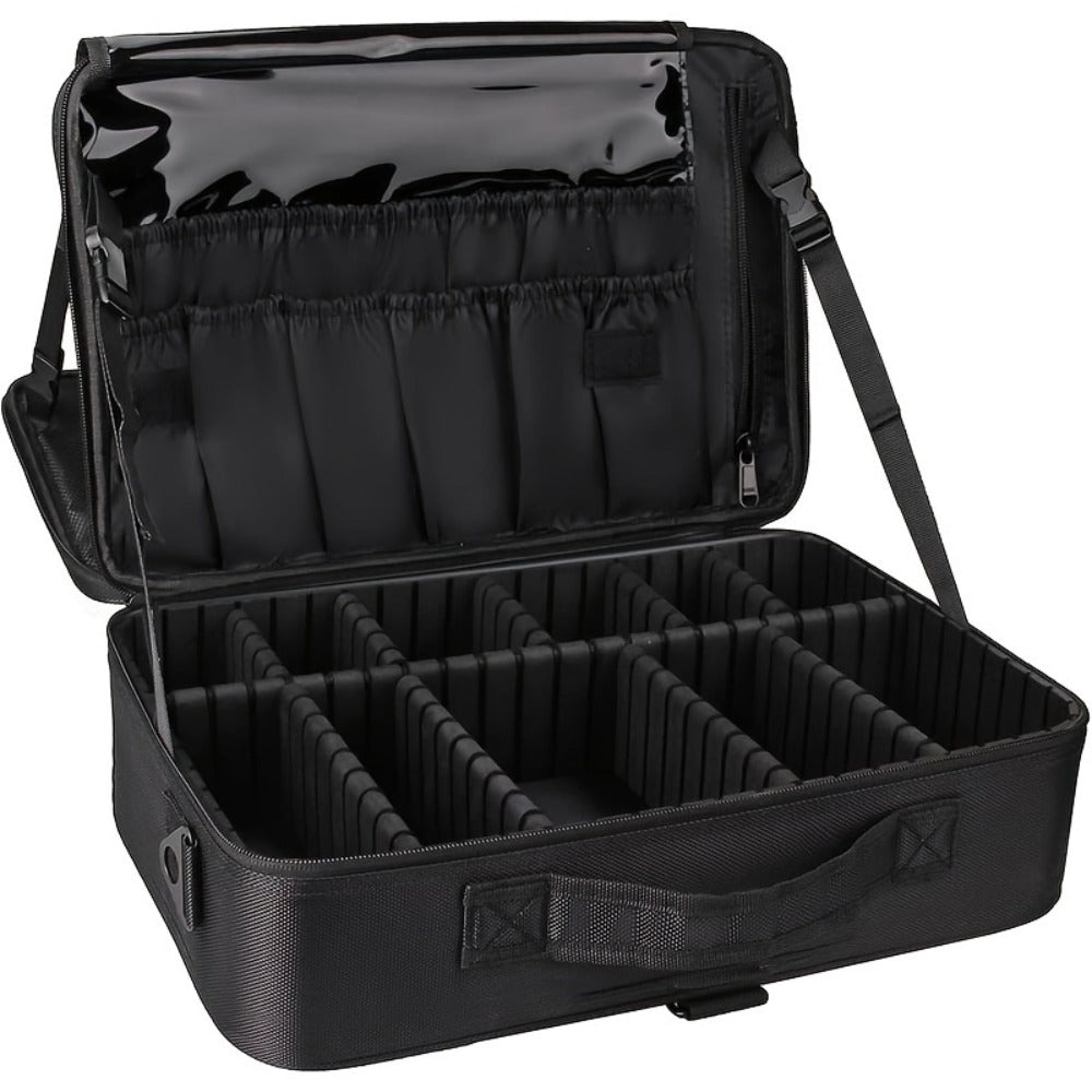 Makeup Case, Professional Train Case Large Makeup Bag, Travel Cosmetic Organizer Brush Holder Makeup Artist Storage Box, for Cosmetics Makeup Brushes Toiletry Jewelry Digital Accessories, 15.8 Inches, with Adjustable Dividers and Shoulder Strap