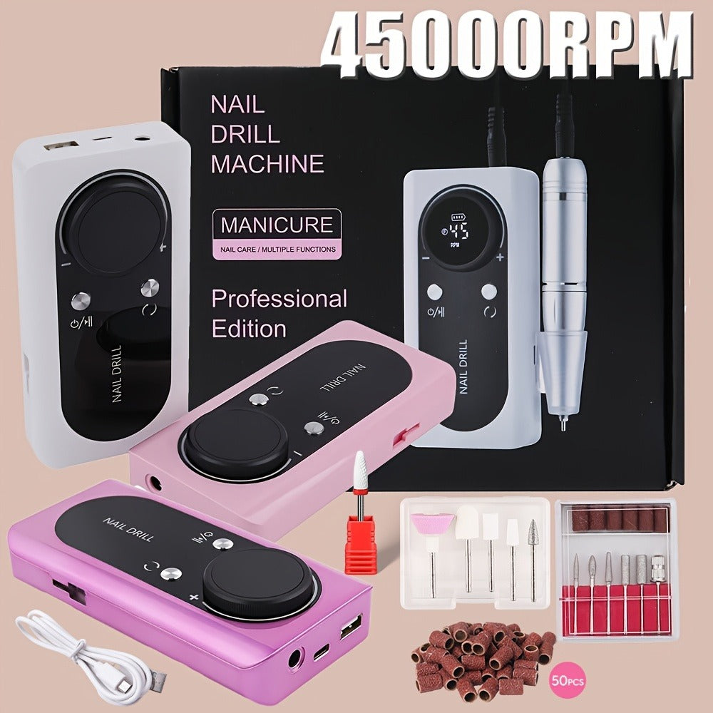 45000RPM Electric Nail Drill Machine with LCD Display Low Noise Rechargeable Manicure Machine for Polishing Gel Nail Polish