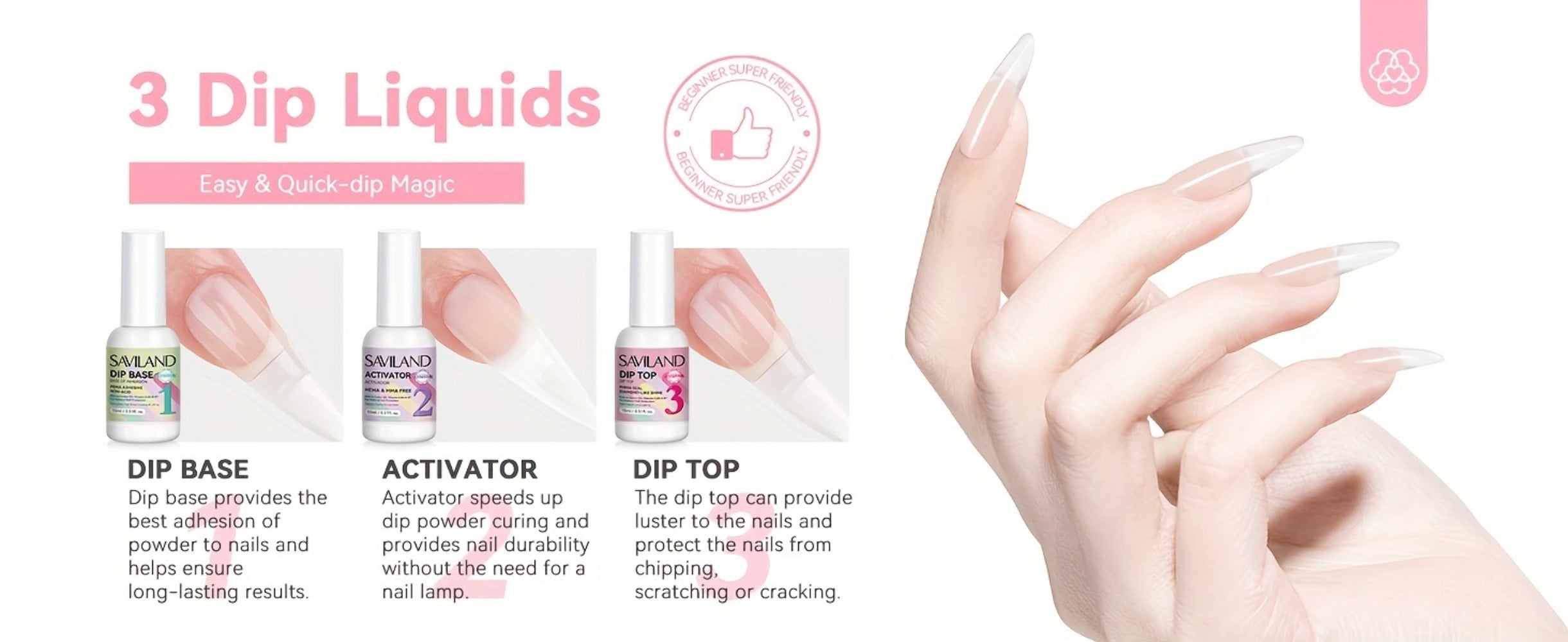 SAVILAND Clear Dip Powder Nail Kit Starter: 60G 2.1Oz Dip Powder for Nails with Dipping Powder Liquid Set Including Dip Base, Activator, And Top Coat. A Professional Dip Nail Kit Ideal for Repairing French Manicures And Nail Art.