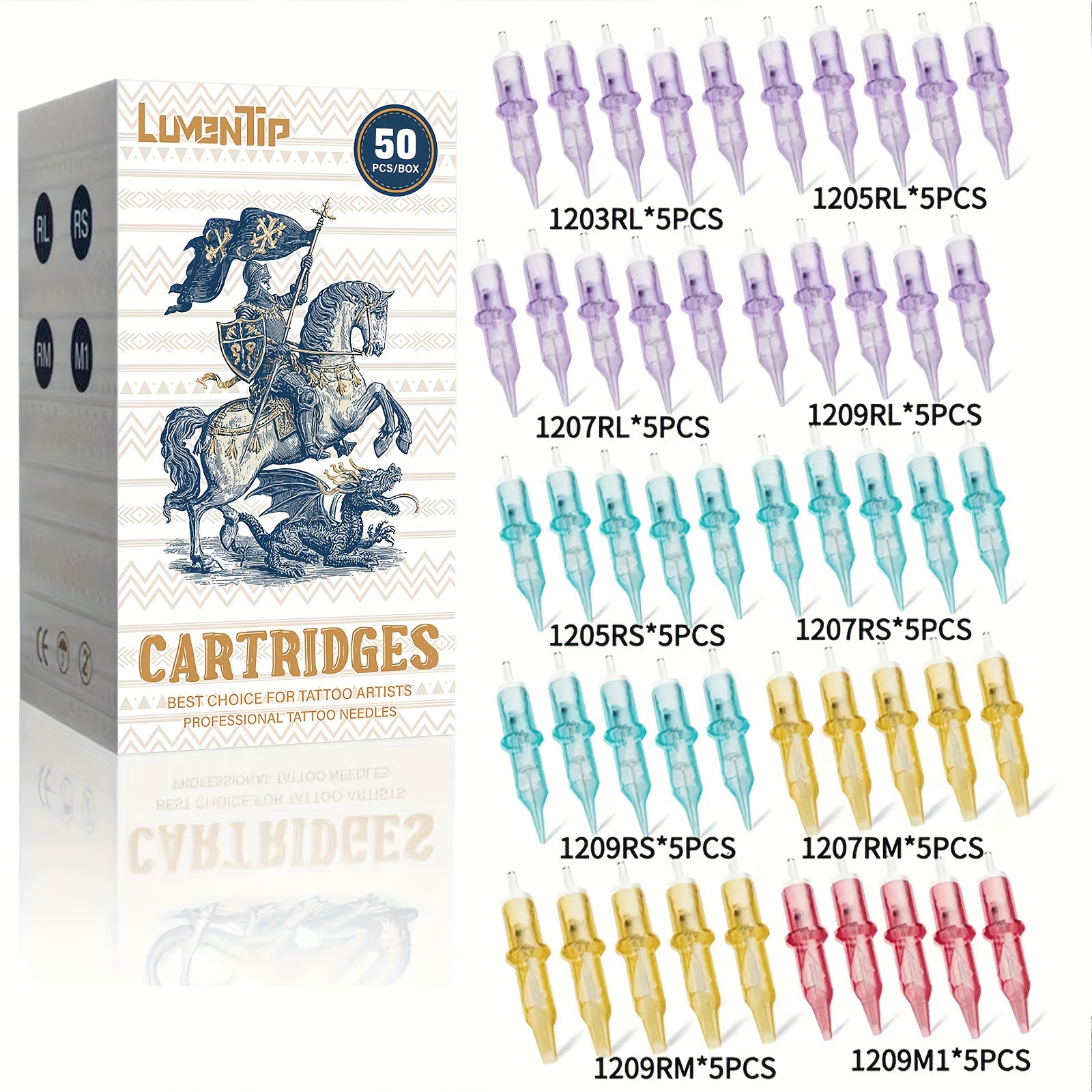 50/20pcs Lumentip Tattoo Cartridge Needles, Disposable Mixed Sizes #12 RL/RS/RM/M1, Stainless Steel Round Liner & Shader Needles with Membrane, Compatible with Tattoo Machines And Pens, Essential for Tattoo Artists And Beginners, Tattoo Supplies
