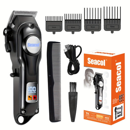 Professional Hair Clippers for Men - USB Rechargeable Electric Trimmer, LCD Display, 900mAh Battery, Limit Combs & Cleaning Brush Included, Black Red
