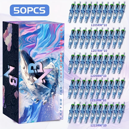 Round Magnum Tattoo Cartridge Needles 50pcs Mixed Size — 1205RM 1207RM 1209RM 1211RM 1215RM Individually Sealed Disposable Needles for Tattoo Artists & Beginners
