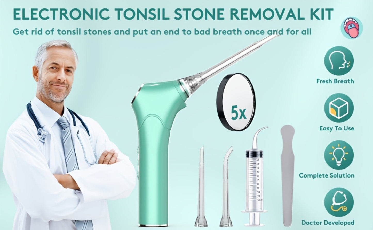 Tonsil Stone Remover Electric Vacuum Kit — Built-In LED Light, 3 Suction Modes, 5X Magnifying Mirror, Oral Irrigator for Effective Tonsil Stone Removal at Home