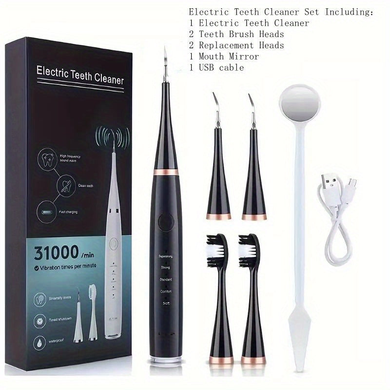 Electric Teeth Cleaner Kit USB Rechargeable 5 Cleaning Modes Dental Scaler Plaque Tartar Remover Gum Health Tool Holiday Gift Set for Family Friends Adults Black White Green