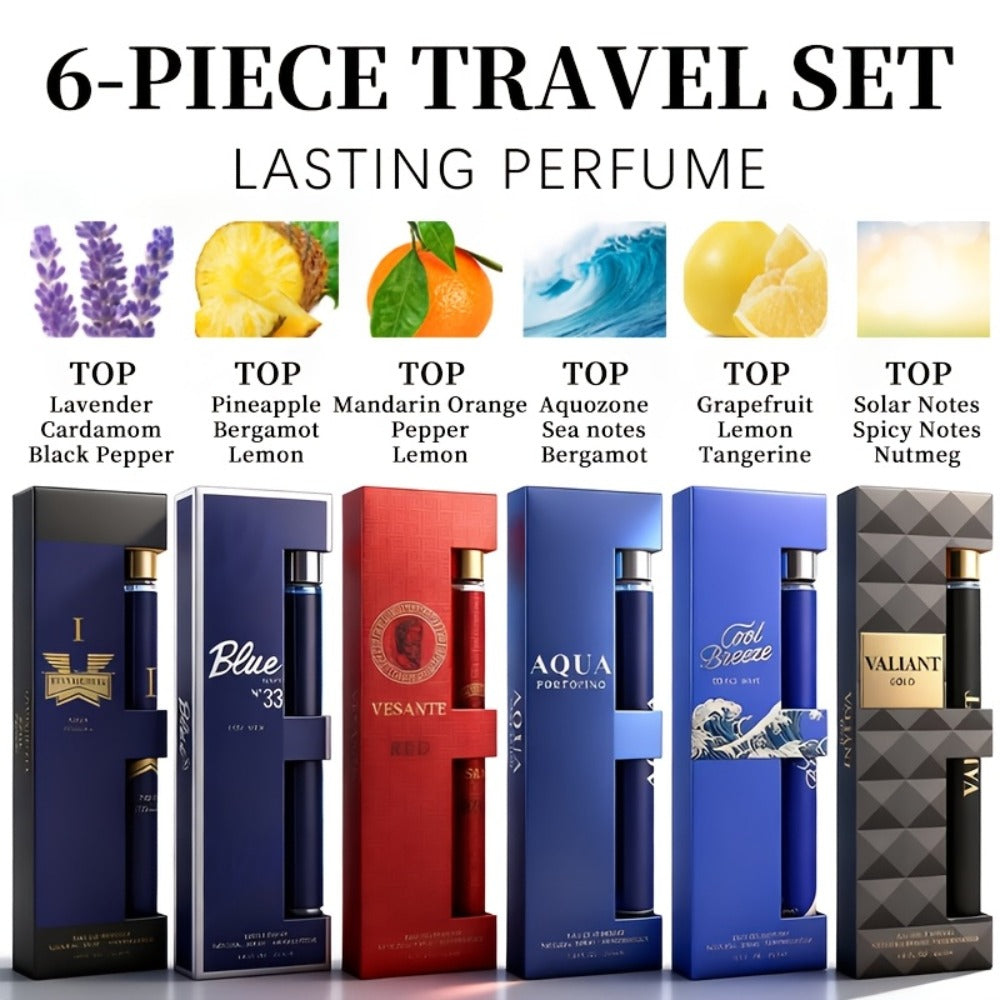 Travel Cologne Gift Set for Men – 6-Piece Mini EDP Spray Sampler, Long Lasting Unique Scents, TSA-Friendly Travel Size, Holiday Dating Gift for Him