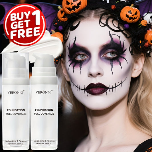 VERONNI Buy 1 Get 1 Free White Liquid Foundation – Full Coverage Heavy Duty Coverage, Creamy Liquid Formula for Extreme Goth Makeup, Halloween, Cosplay, Everyday – Long-Lasting Matte End, Professional Makeup for All Light Beige Types (Normal, Dry