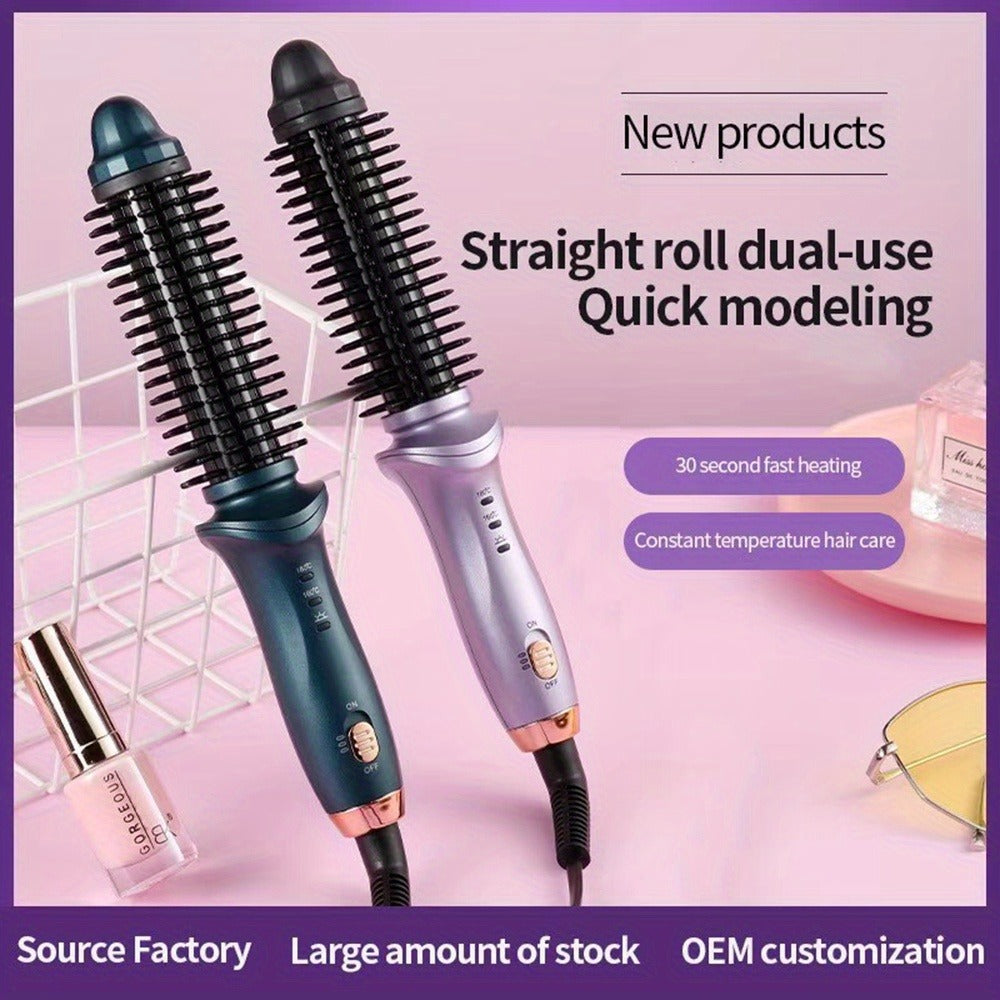 Heated Curling Brush with a Thermal Design, Comb, Ceramic Curling Iron, Volumizing Round Brush, And a Travel-Friendly Hair Curler