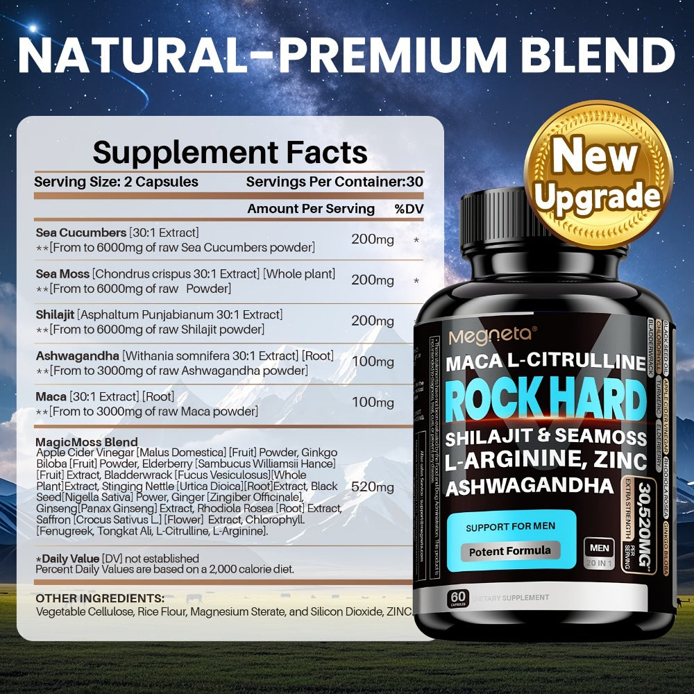 (2pcs) Rock Hard Package| Double-Acting Mixture with Maca, L-Arginine, Shila| Daily Fuel, 3rd Party Tested, 60-Day Supply