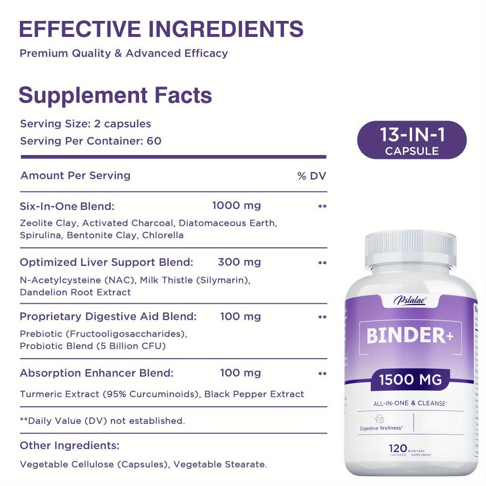 Binder - with Activated Charcoal, Zeolite & Bentonite Clay, Liver & Gut Health Supports, for Digestive System, 13-In-1 Binder Supplement - 120pcs