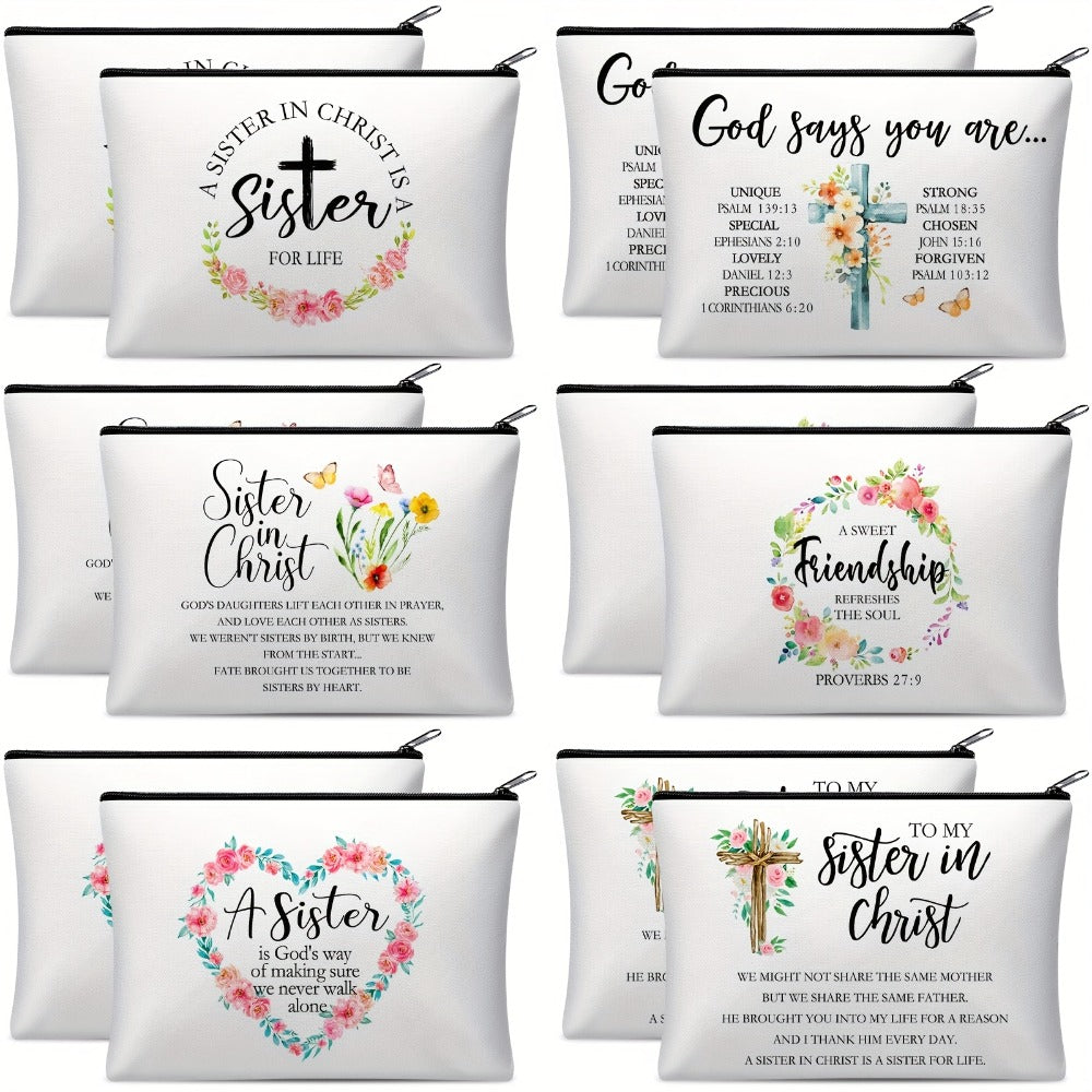 12pcs Sisters in Christ Makeup Bags Christian Gifts for Women Christian Secret Sister Cosmetic Bags Inspirational Religious Valentine Mother'S Day Birthday Gift for Best Friends