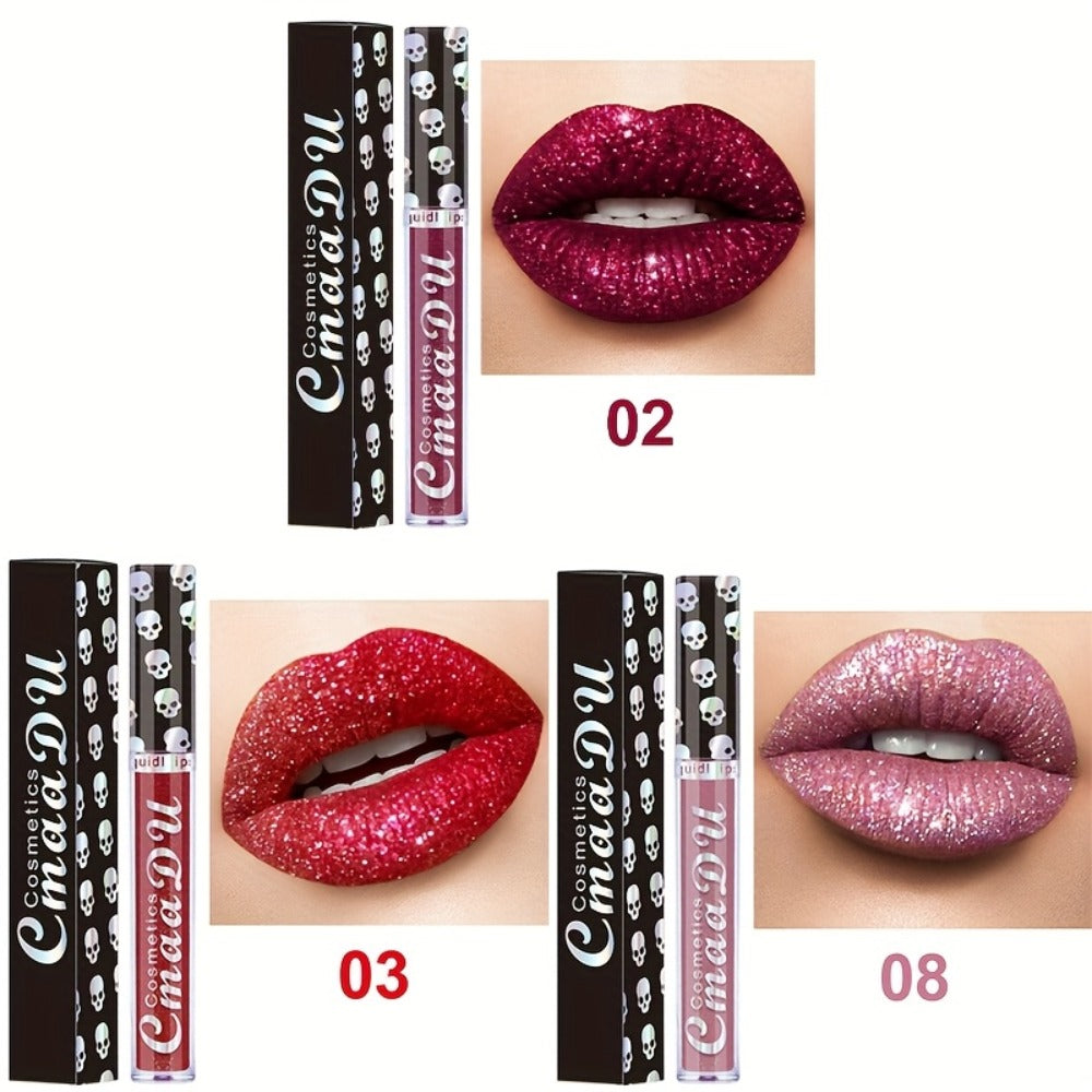 Shimmer Lip Gloss Set 3pcs Skull Design Long Lasting Liquid Lipstick Easy to Remove - Shiny Glitter Lip Color for Music Festival Rave Party Gift for Women