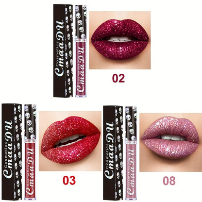 Shimmer Lip Gloss Set 3pcs Skull Design Long Lasting Liquid Lipstick Easy to Remove - Shiny Glitter Lip Color for Music Festival Rave Party Gift for Women