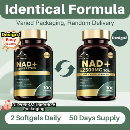 NAD+ Supplement 62500mg — Nicotinamide Riboside & Trans-Resveratrol for Healthy Aging, Brain Health & Memory Support | Focus Enhancement | 100 Softgels 50-Day Supply