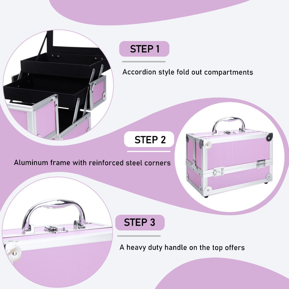 Professional Makeup Train Case, Large Capacity Aluminum Cosmetic Trolley Organizer, Portable Jewelry Storage Box with Adjustable Dividers & Lockable Keys, Travel Makeup Artist Tool Box