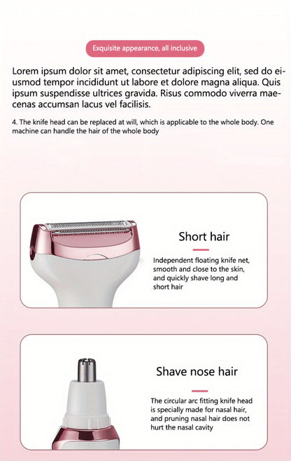 4-in-1 Electric Hair Remover for Women USB Rechargeable Shaver Trimmer – Eyebrow Nose Face Leg Bikini Line Underarm Peach Fuzz Removal Stainless Steel Blades Portable Travel Gift