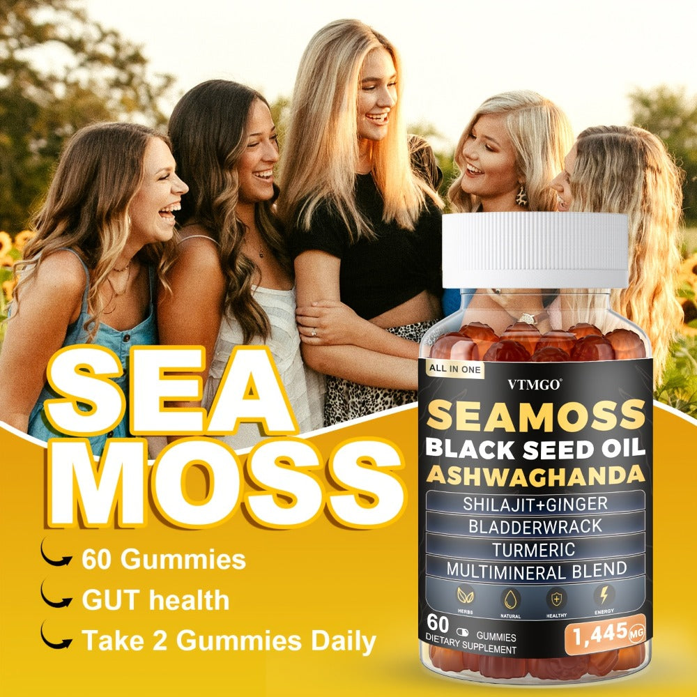 (1/2/3 Bottles)-Sea Moss&Shilajit, Black Seed Oil, Ashwagandha, Ginger, Gummies With Elderberry, Chlorophyll, Turmeric, Bladderwrack 1445Mg, Health, Natural, Antioxidant, Happiness, . 60 Gummies