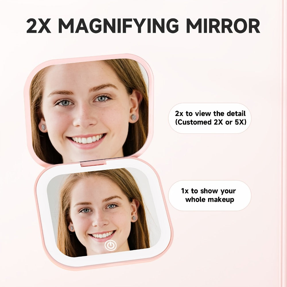 FORICOM LED Lighted Handheld Mirror 2-Sided Glass Mirror with 3 Adjustable Brightness Settings, with USB Charging, Foldable & Portable Design, Polished Plastic Frame, Animal Theme, for Makeup And Travel