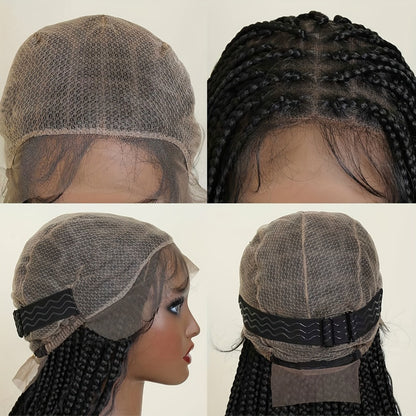 Box Braids Wig for Women Full Lace — 48 Inch Bohemian Braided Wig with Boho Curls, Black Lace Front Braid Wig for Halloween Cosplay Festival Party Protective Style