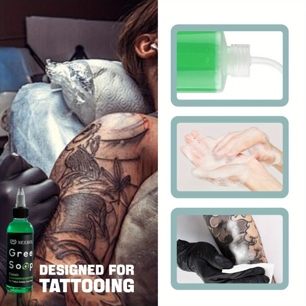 Tattoo Green Soap Cleaning Kit Neebol 8.5oz Concentrated Soap with Squeeze Bottle Moisturizing Balm Cream Lint-Free Wipes Complete Skin Care Set Before After Tattooing