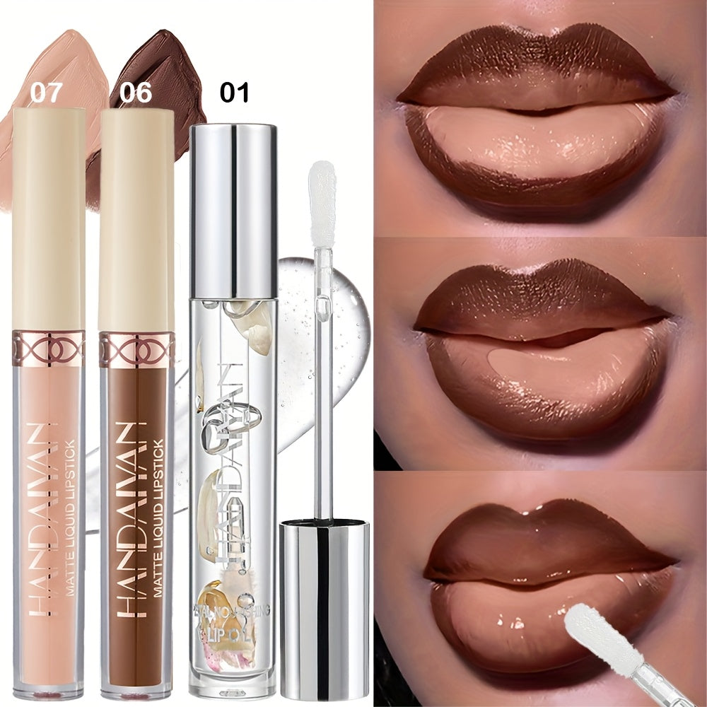 Lip Gloss Set 3pcs - Matte Lip Gloss, Lip Oil & Lip Liner Combo, Waterproof Long-Lasting Non-Sticky Velvet Finish, Mixed Shades for Party Festival Halloween Christmas Daily Makeup